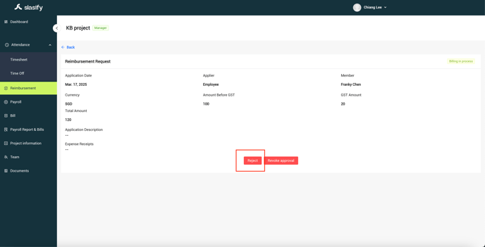 billing in process details_employee_reject